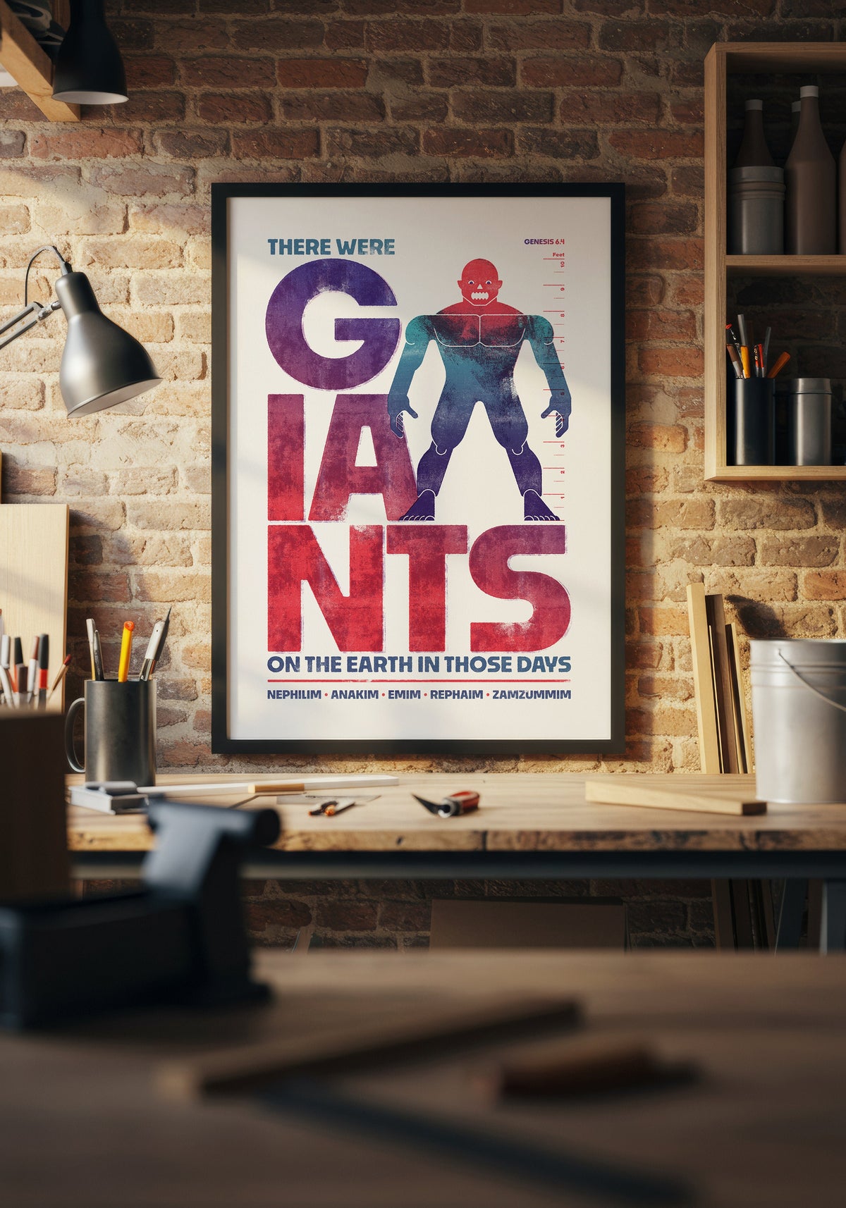 Genesis 6:4 art print in a black frame, hung above a workbench in a warmly lit home workshop.