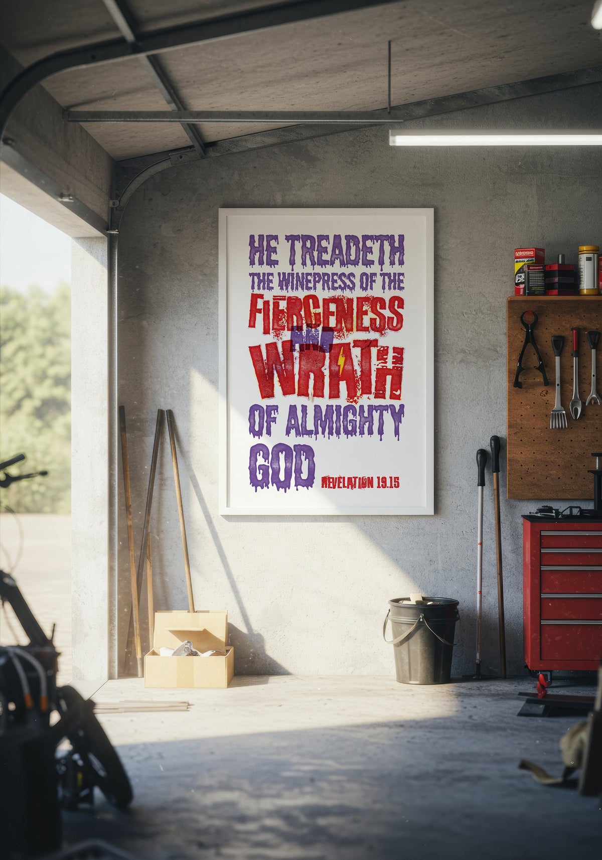 Revelation 19:15 art print displayed in a white frame on a wall inside a modern, warmly lit garage.
