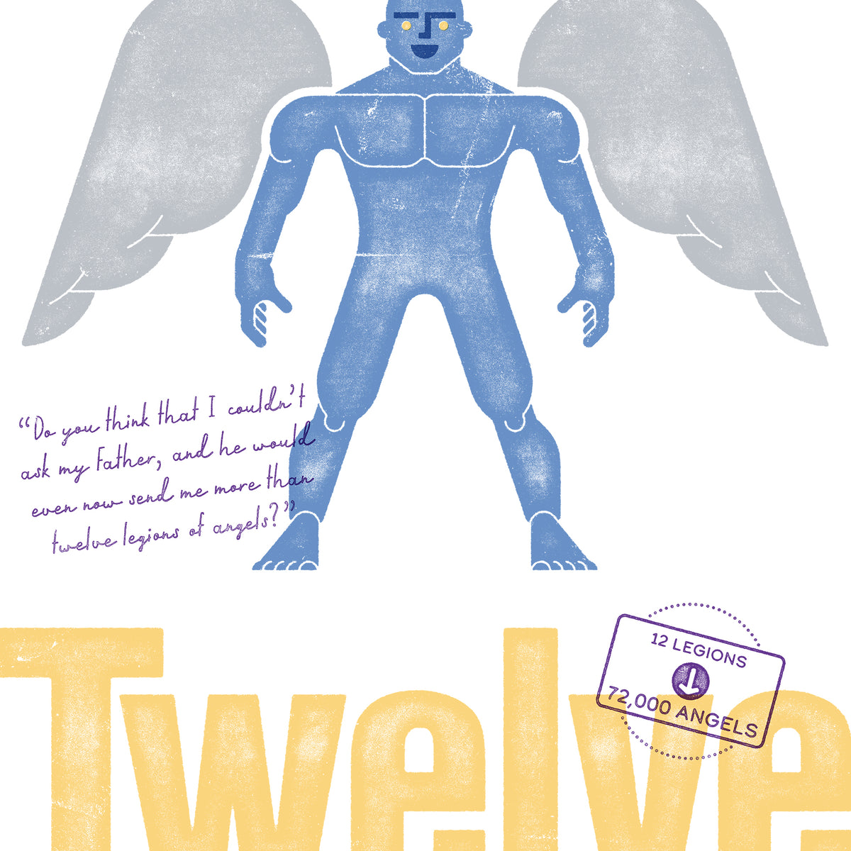 Close-up of the distressed detail on Matthew 26.53 art, showing the blue angel warrior, with large yellow text and purple stamp-like badge in the lower right and on the left.