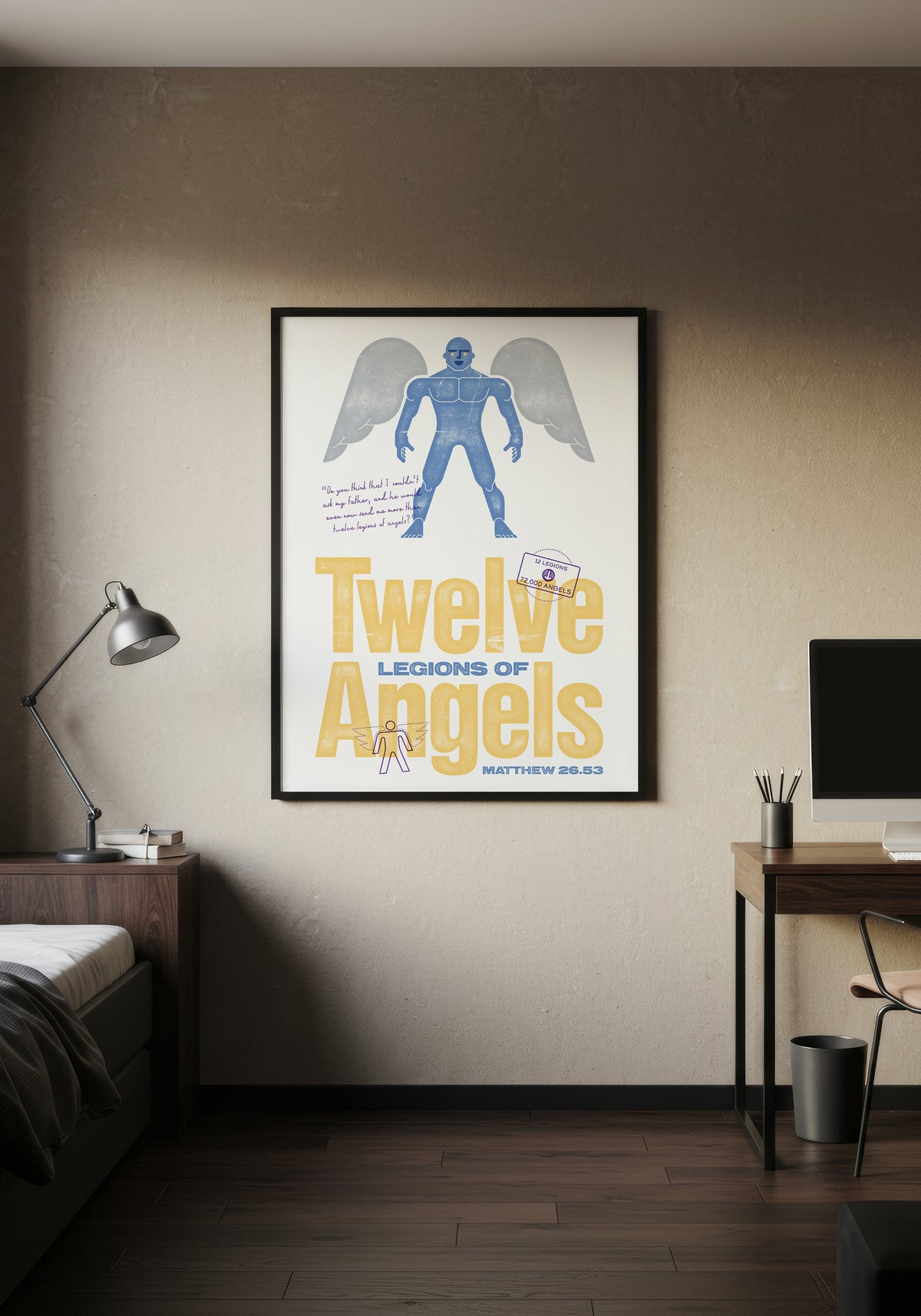 Matthew 26.53 art print, displayed on a beige wall in a modern bedroom setting with a bed, desk, and lamp.