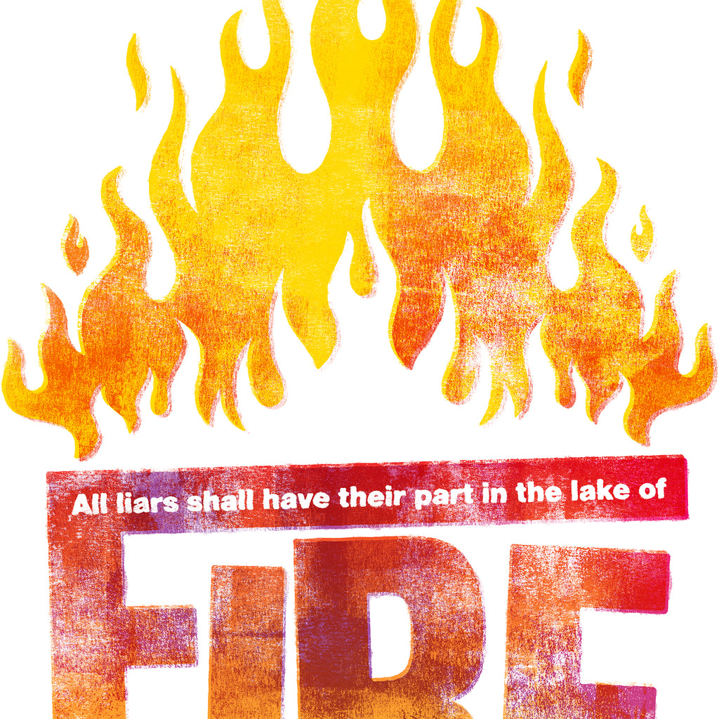 Close-up of Revelation 21:8 print showing red flames dancing above a yellow customised F.