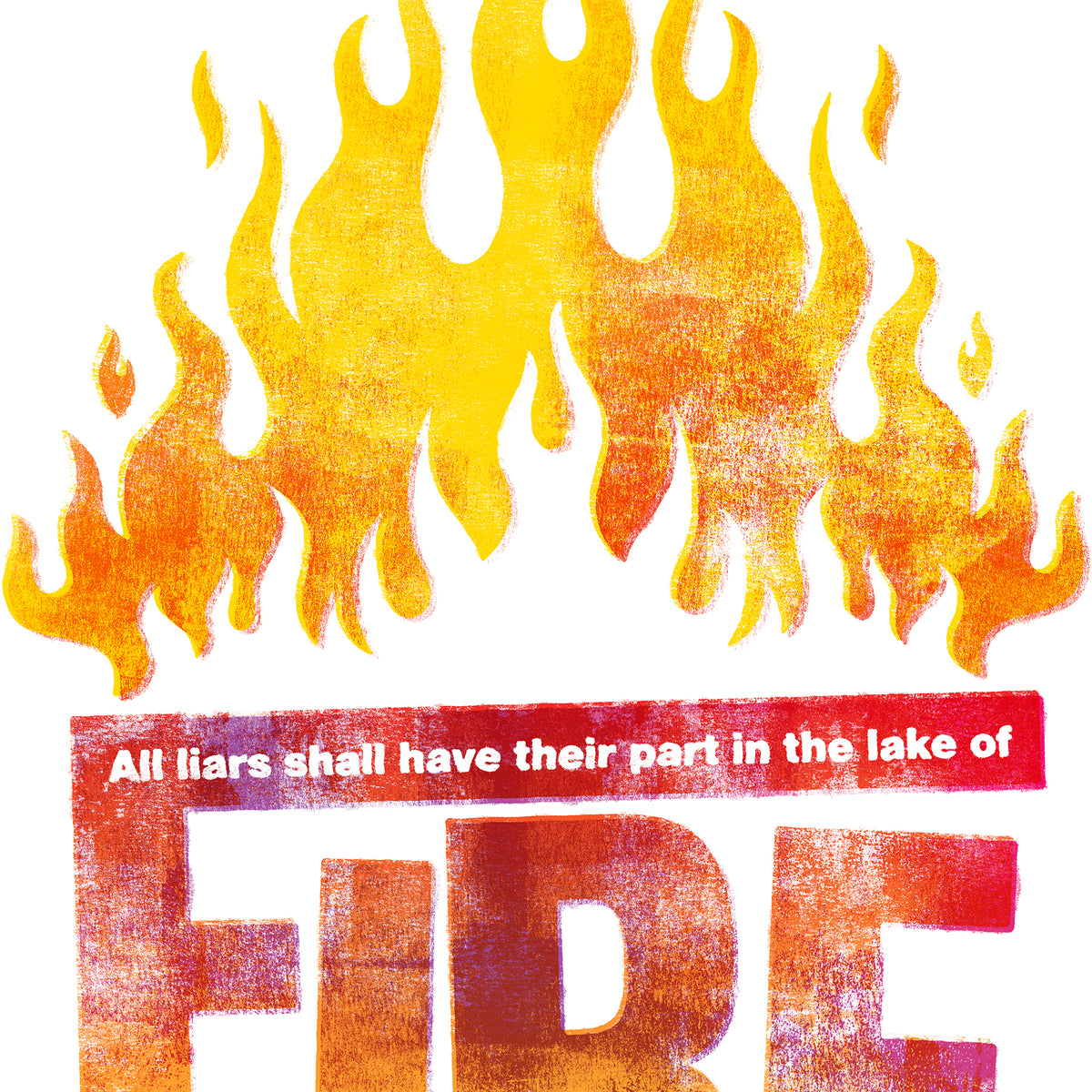 Close-up of Revelation 21:8 print showing red flames dancing above a yellow customised F.