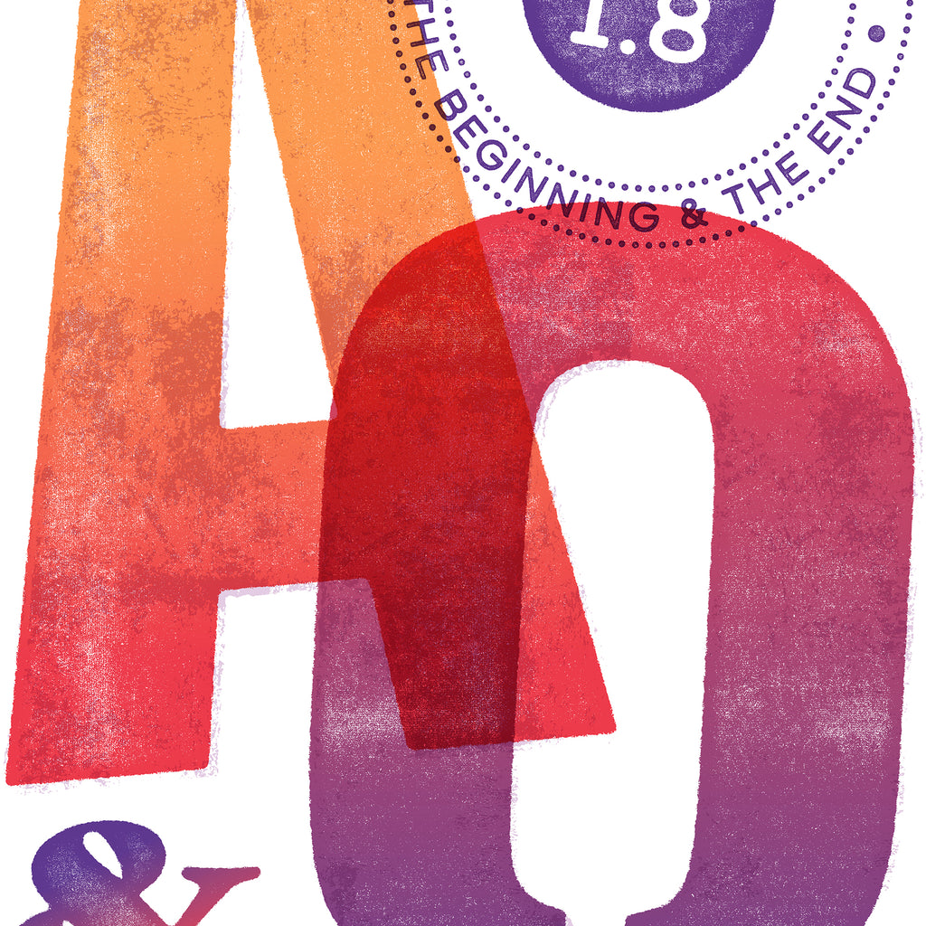 Close-up of Revelation 1:8 print showing the orange and purple overprint and circular stamp-header design.