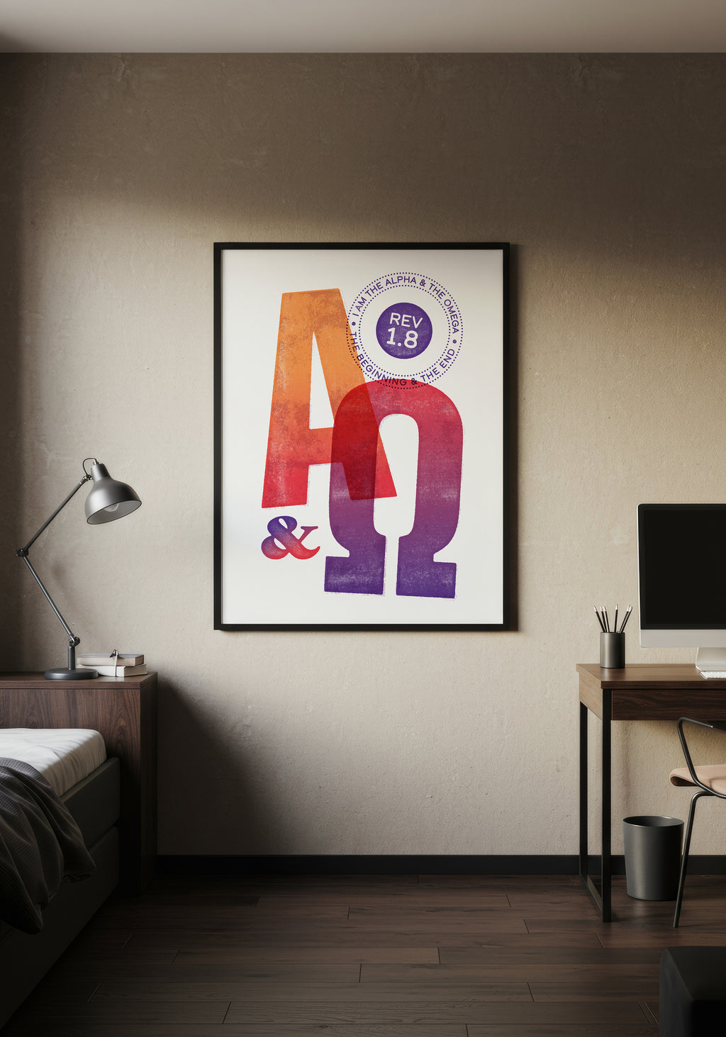 Revelation 1:8 print in a black frame, styled in a minimalist bedroom as a vibrant focal point.