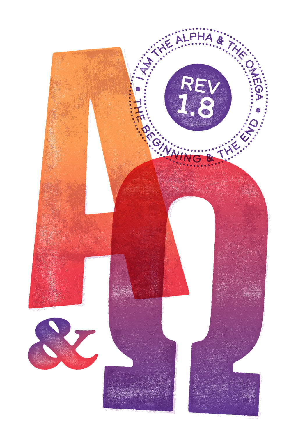 Distressed Revelation 1:8 poster with orange, red, and purple Alpha and Omega overprint symbols and stamp-header design.