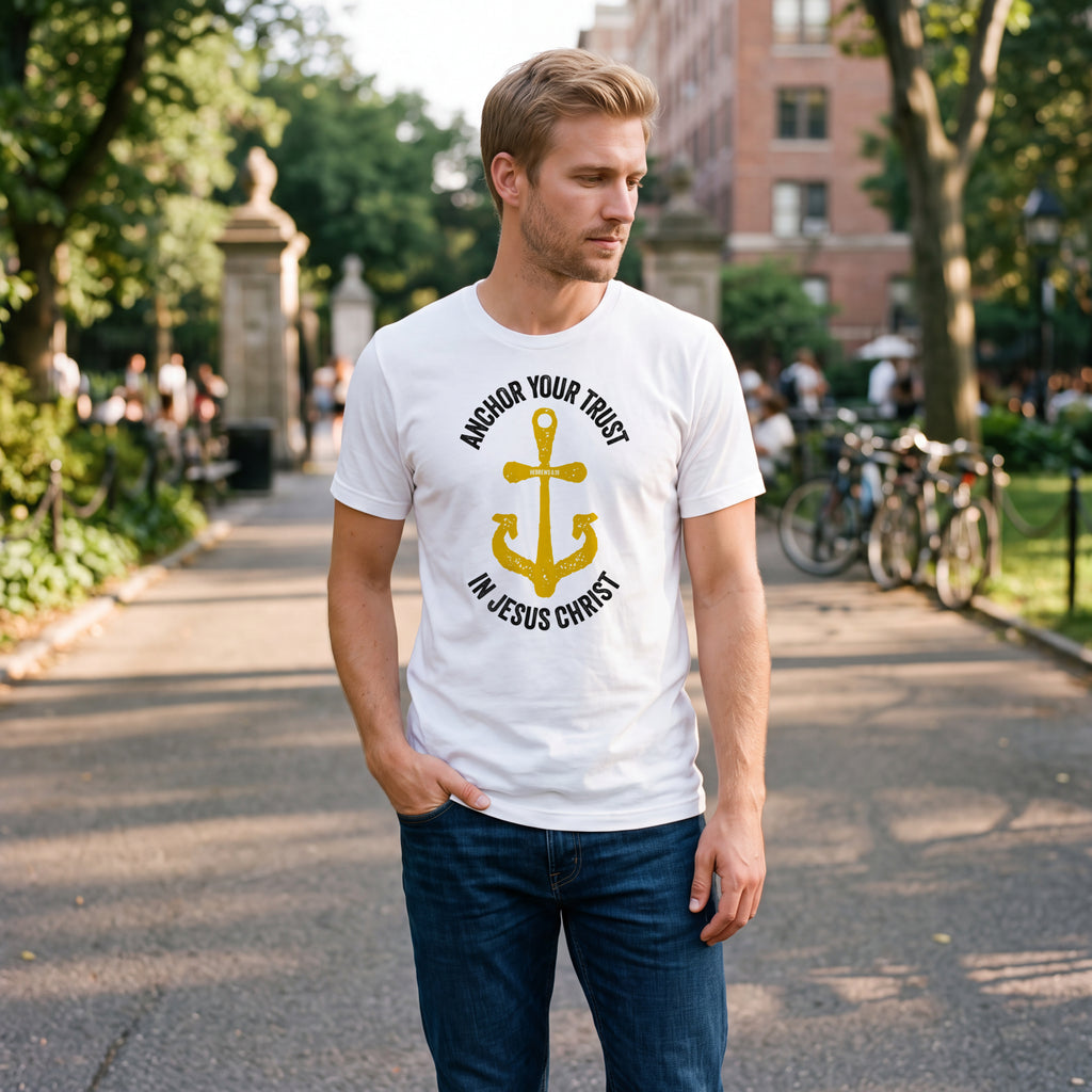 Man standing in an urban park wearing a white t-shirt with Hebrews 6.19 graphic printed on the front.
