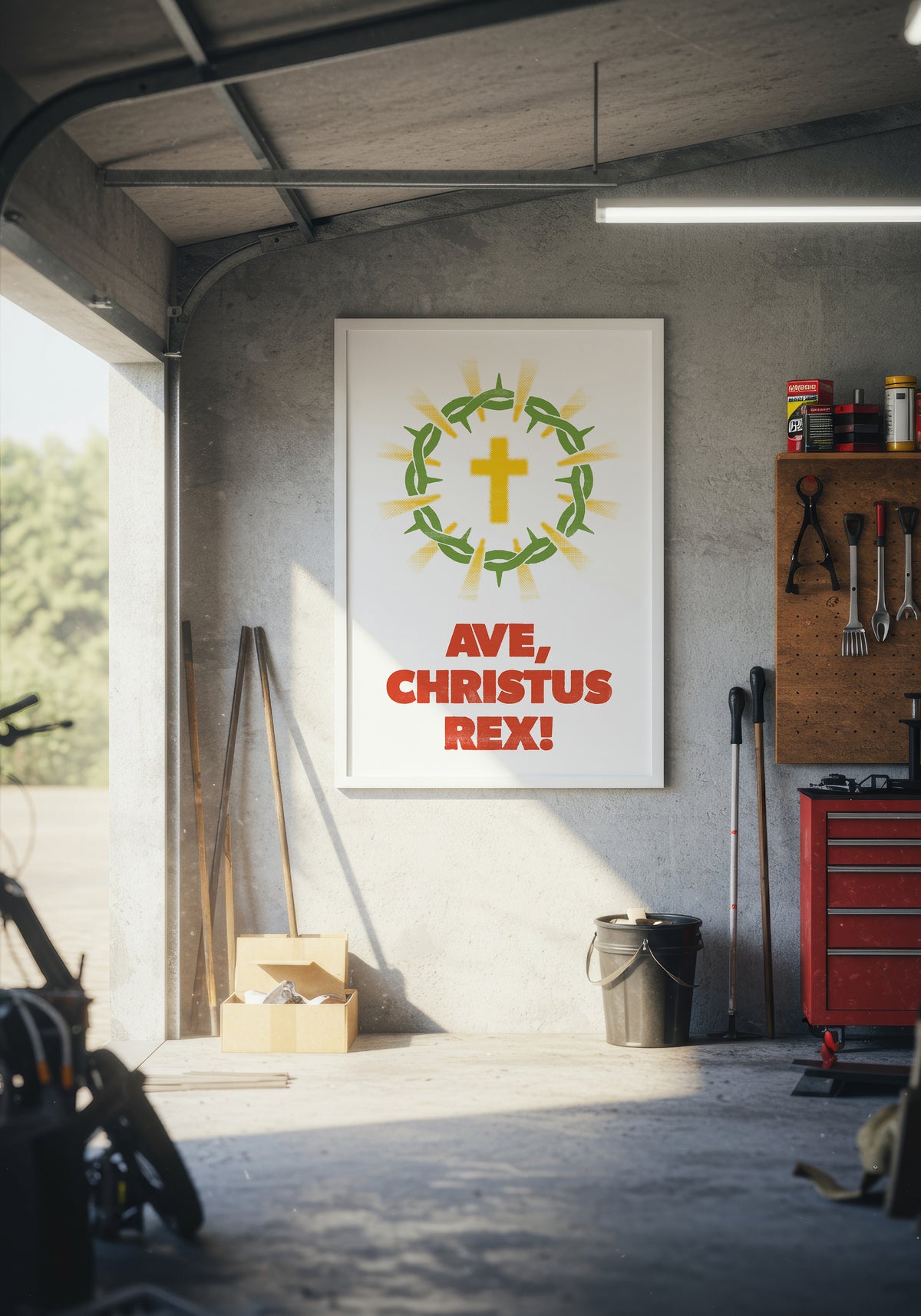 Ave Christus Rex print in a white frame, styled on a warmly lit garage wall as an inspiring focal point.