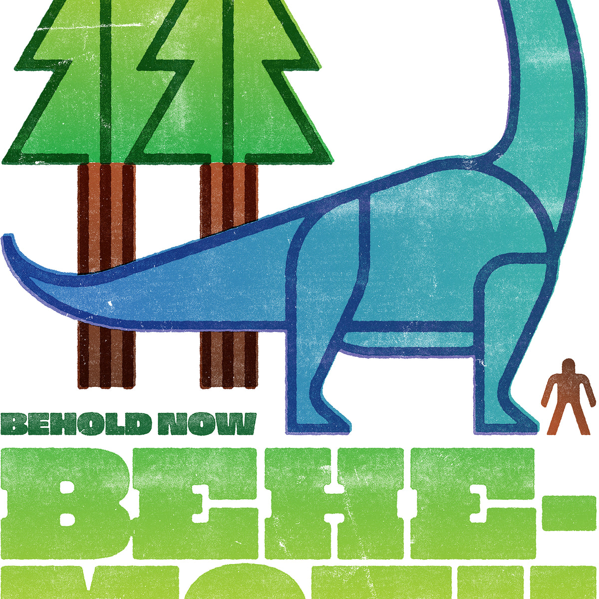 Close-up of Job 40:15 print showing the dinosaur scale comparison and distressed green, blue and brown colors.