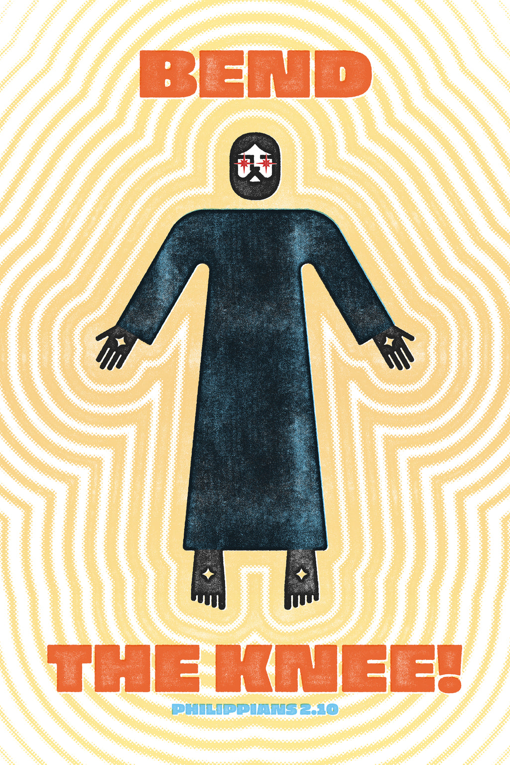Distressed Philippians 2:10 poster of stylized Jesus with nail holes, red eyes, golden force-fields of power and virtue, and bold orange and cyan text.