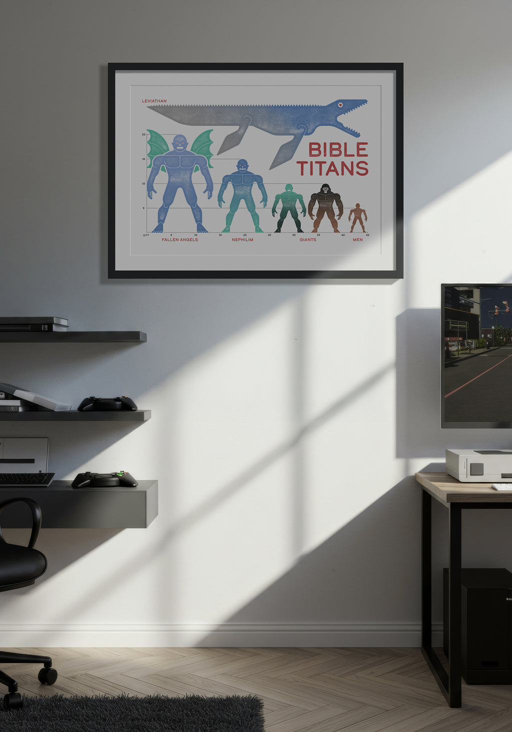 Bible scale infographic print in a black frame, styled as a focal point in a minimalist, warmly lit gaming room.