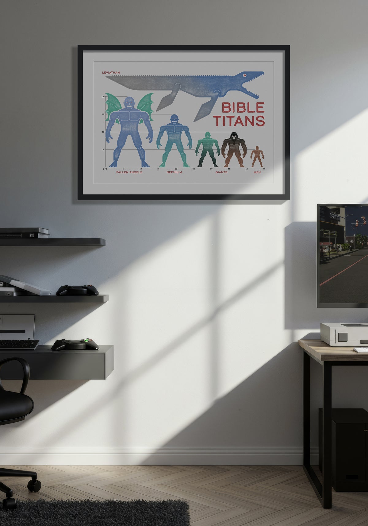 Bible scale infographic print in a black frame, styled as a focal point in a minimalist, warmly lit gaming room.