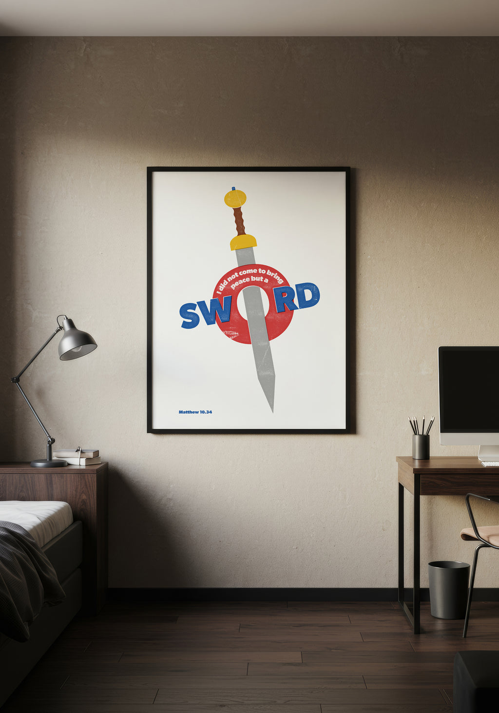 Matthew 10:34 print in a black frame, styled as a focal point in a minimalist, warmly lit bedroom.