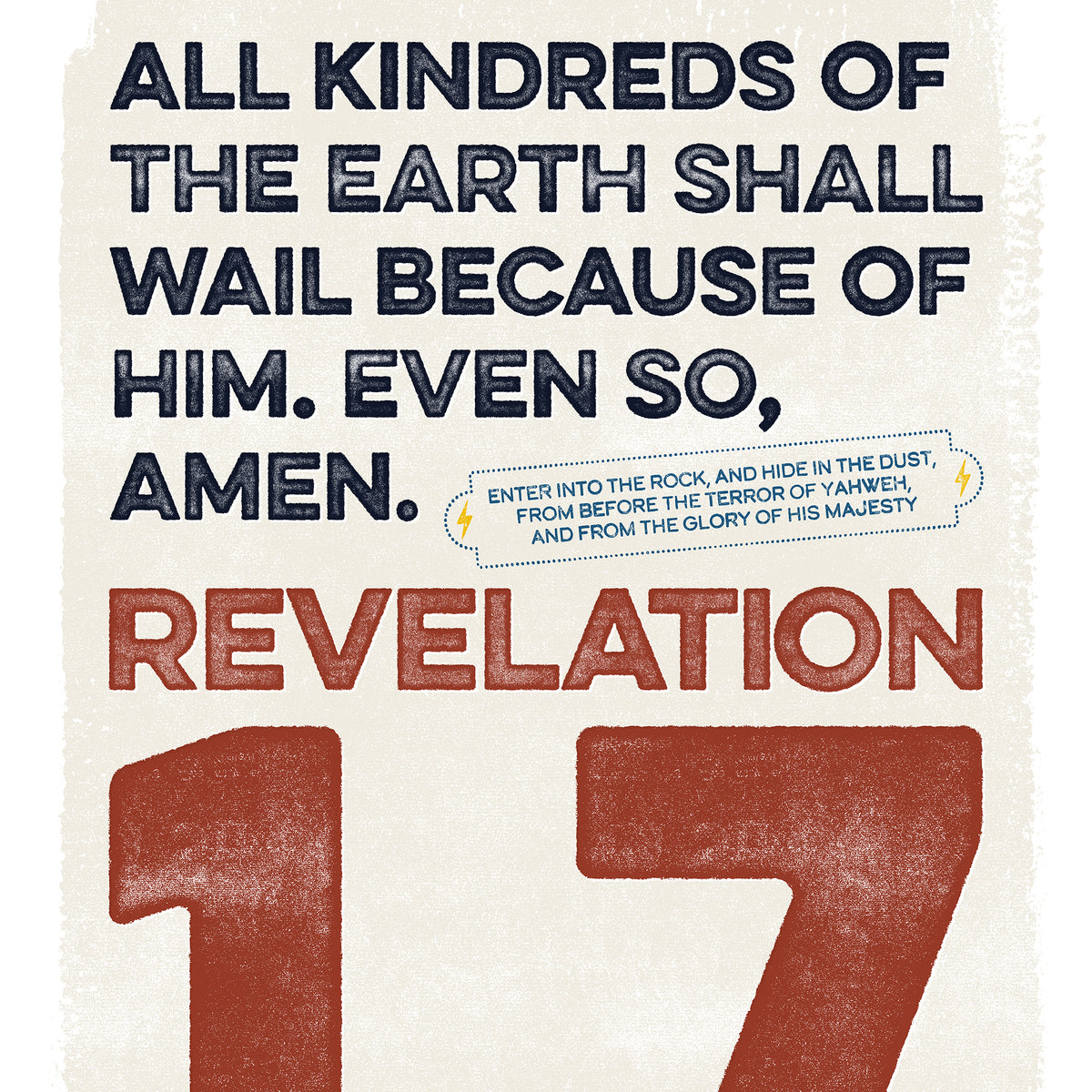 Close-up of Revelation 1:7 print, highlighting the distressed typography and textures.