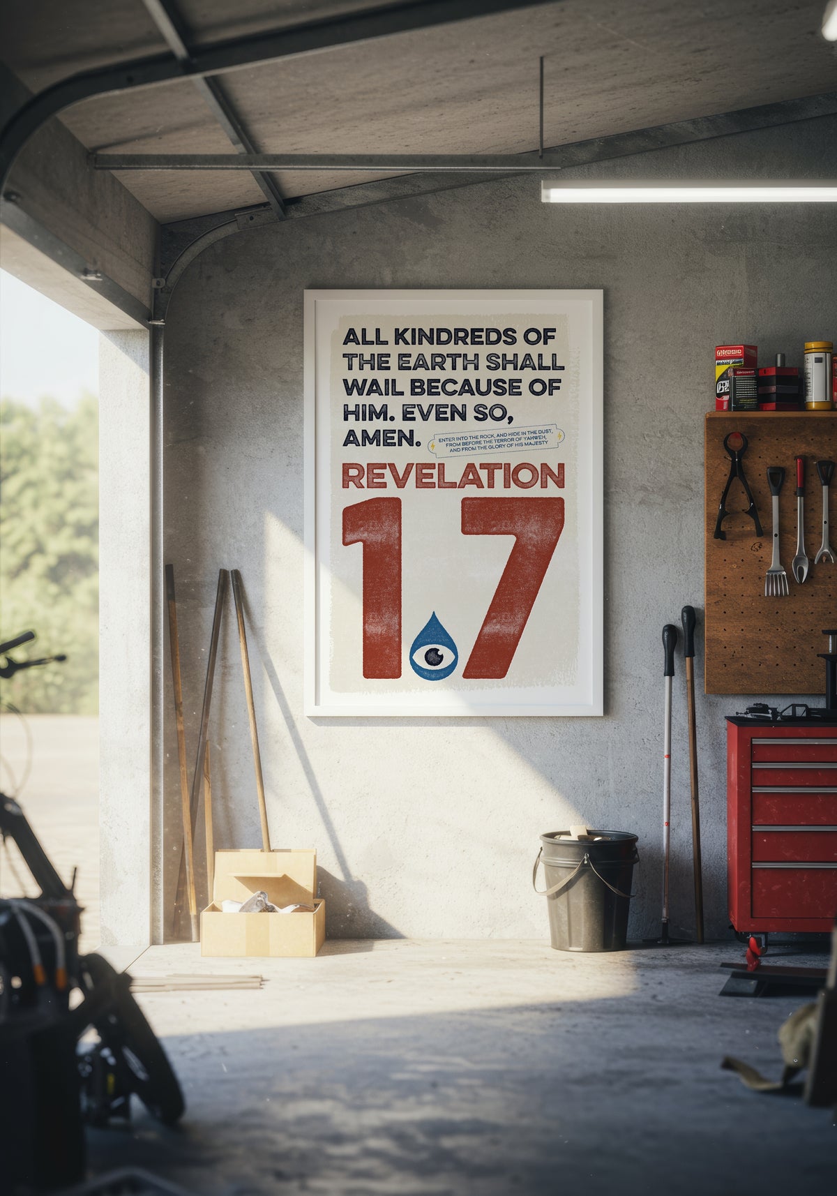 Revelation 1:7 print in a white frame, displayed as a focal point on a garage wall with warm lighting.