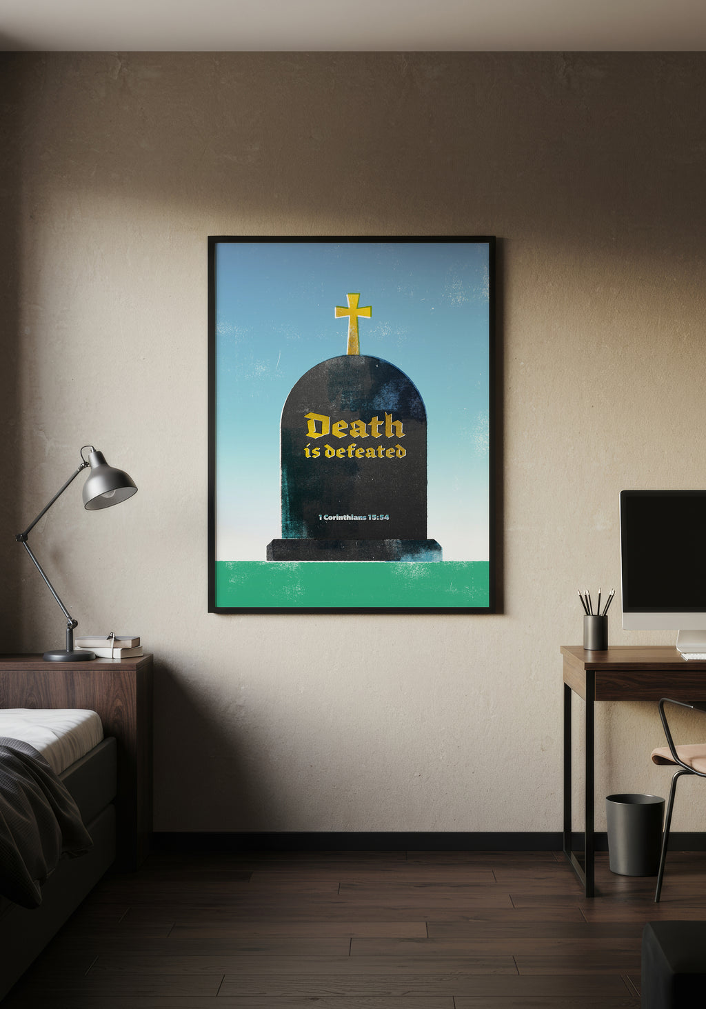 1 Corinthians 15:54 print in a black frame, styled in a warmly lit minimalist bedroom.