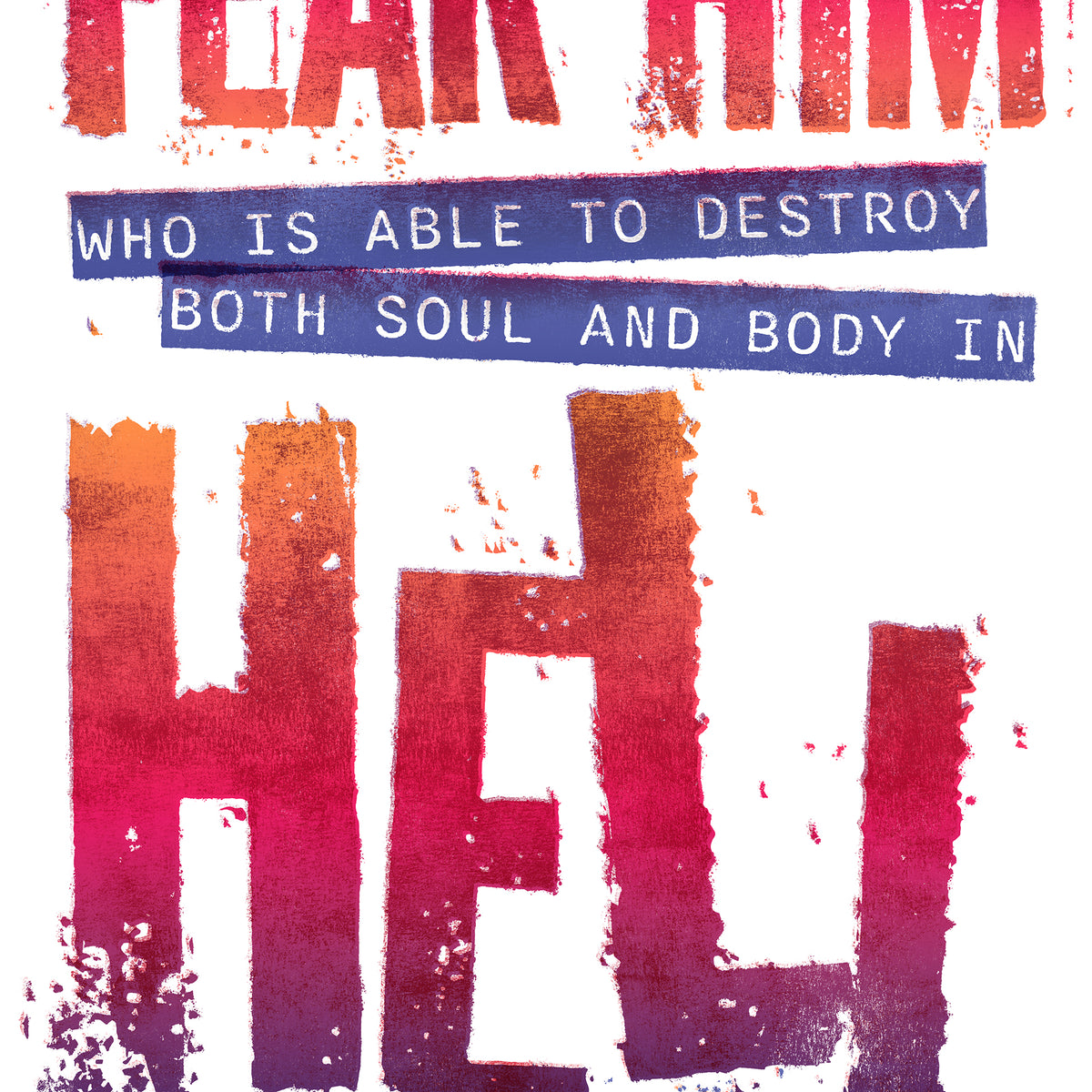 Detailed close-up of Matthew 10:28 print, showing the eroded red and purple textures and distressed skull.