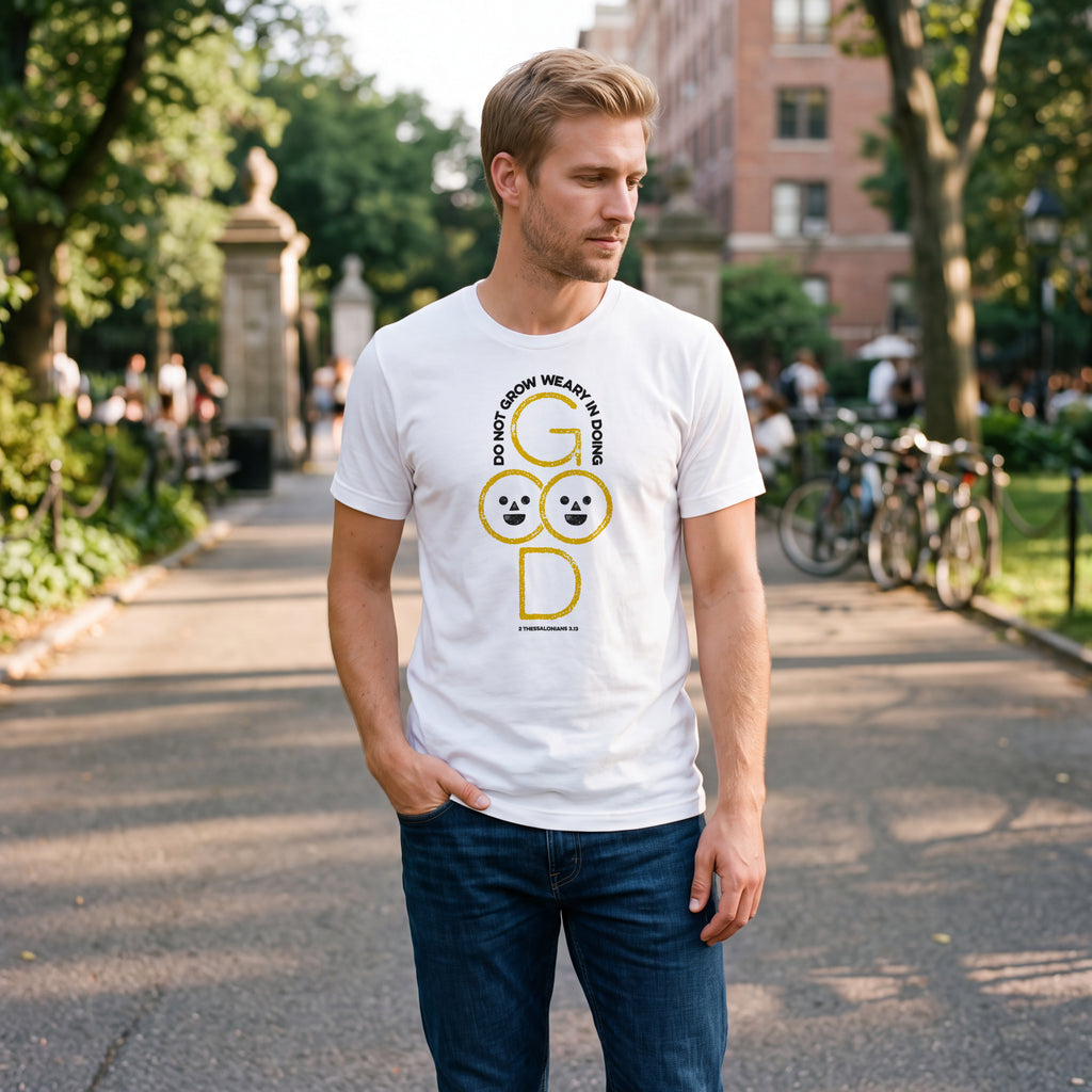 Man standing in an urban park wearing a white t-shirt with 2 Thessalonians 3:13 graphic printed on the front.