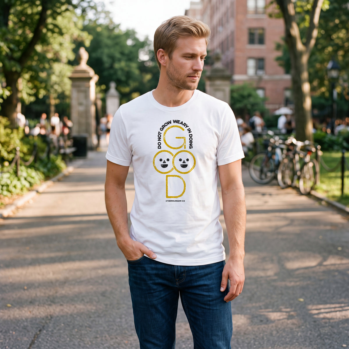 Man standing in an urban park wearing a white t-shirt with 2 Thessalonians 3:13 graphic printed on the front.