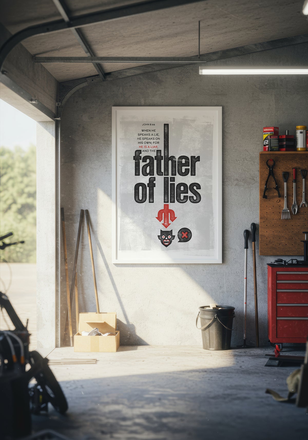 John 8:44 art print in a white frame, displayed as a focal point on the wall of a warmly lit garage.