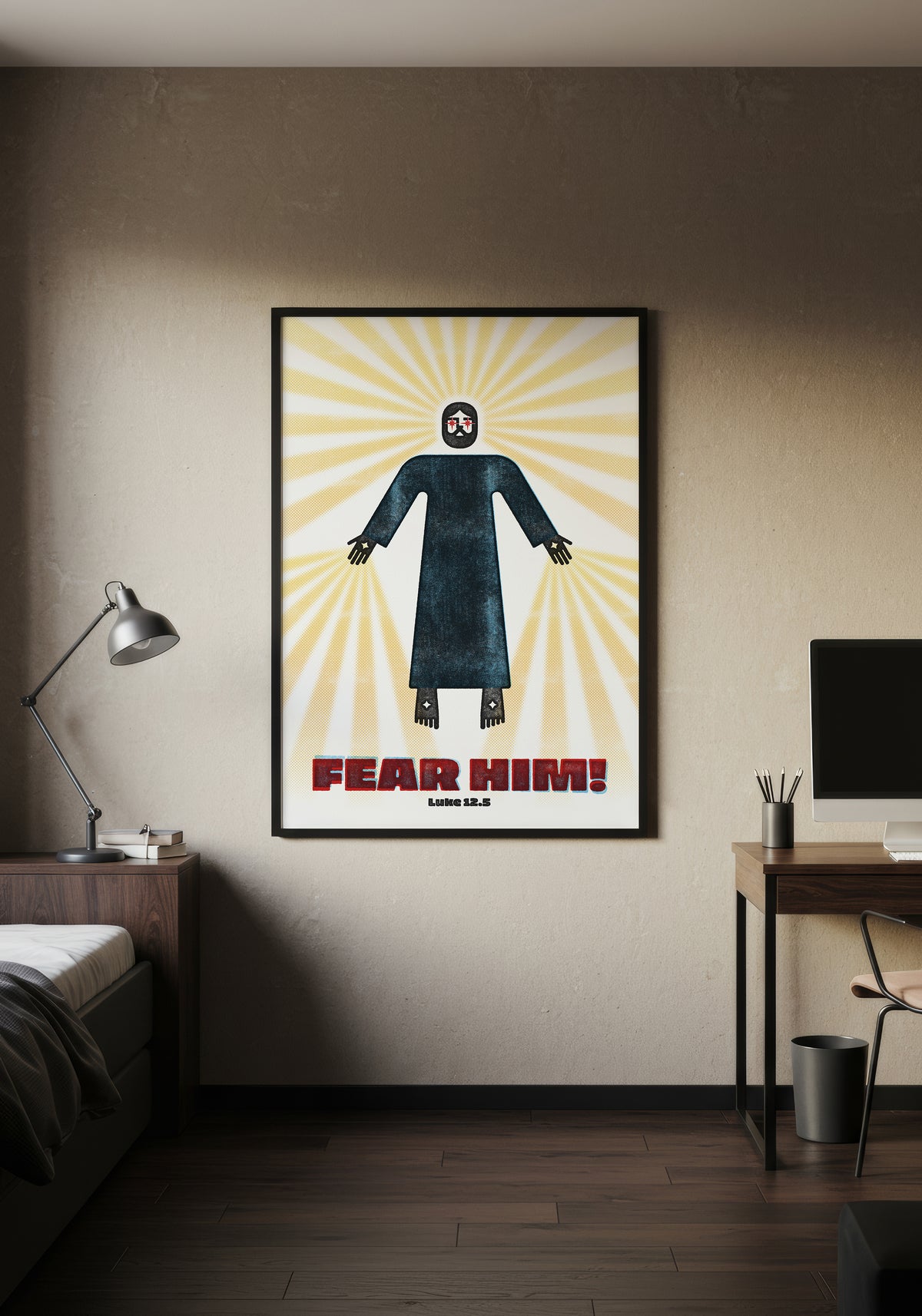 Luke 12:5 art print in a black frame, styled as a focal point in a minimalist, warmly lit bedroom.