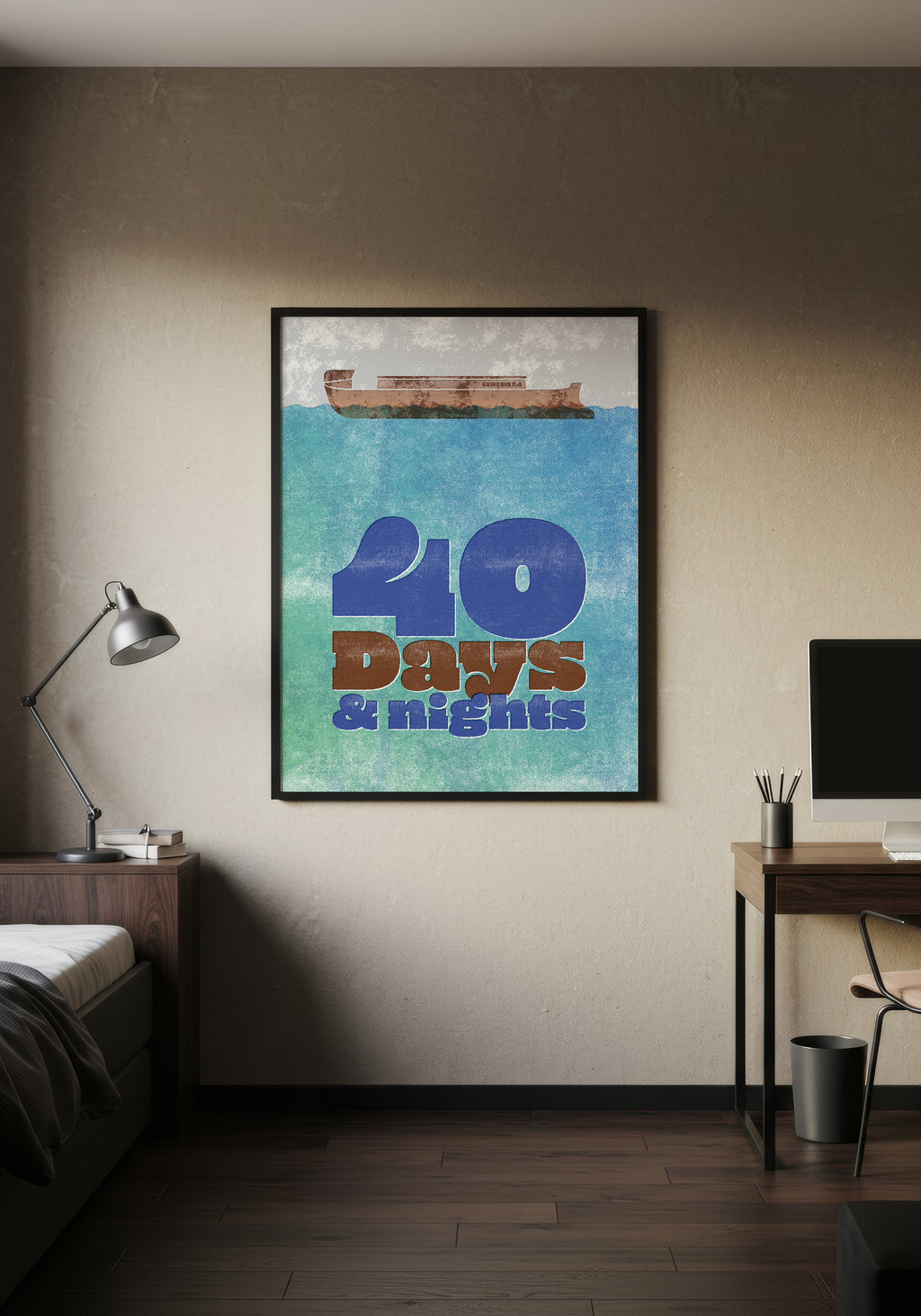 Genesis 7:4 art print in a black frame, hung in a minimalist bedroom with warm lighting.
