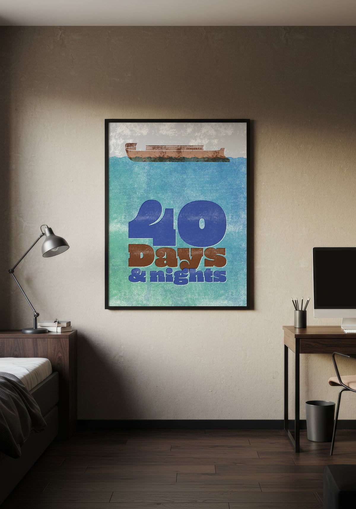 Genesis 7:4 art print in a black frame, hung in a minimalist bedroom with warm lighting.
