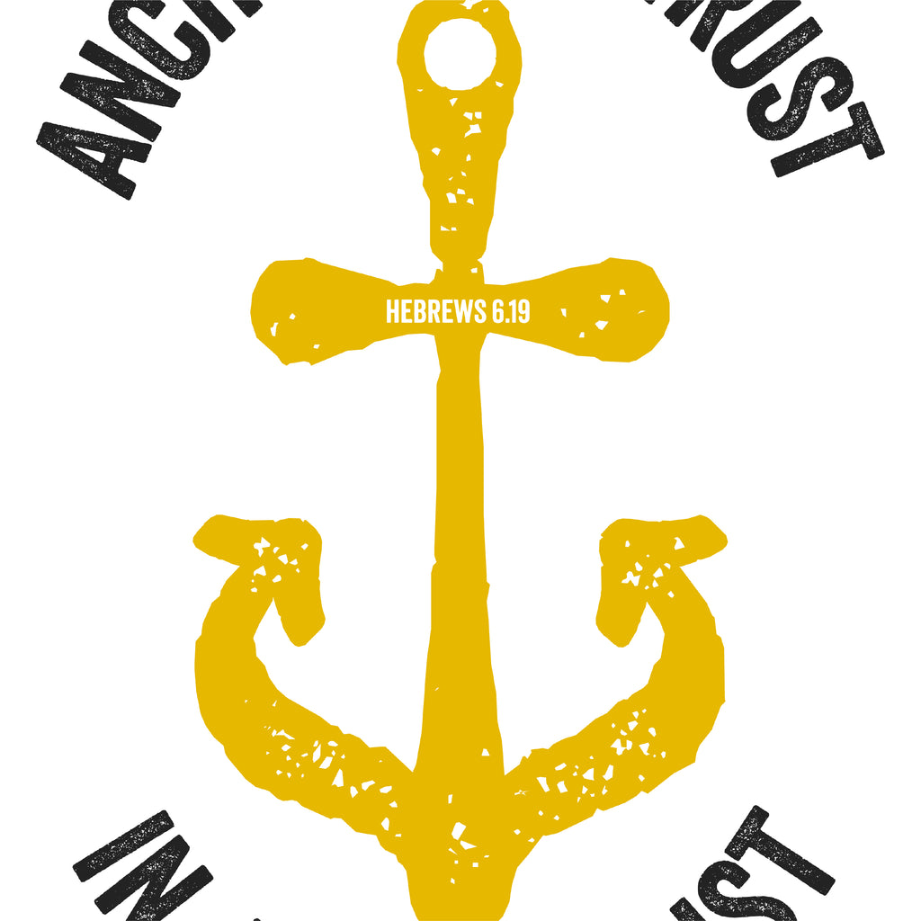 Close-up of distressed texture and anchor detail of Hebrews 6.19 t-shirt print.