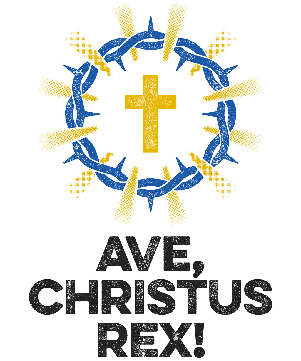 Distressed t-shirt print, gold cross with blue thorn crown and gold rays above black distressed text.