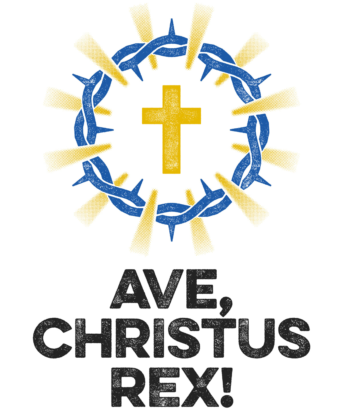 Distressed t-shirt print, gold cross with blue thorn crown and gold rays above black distressed text.