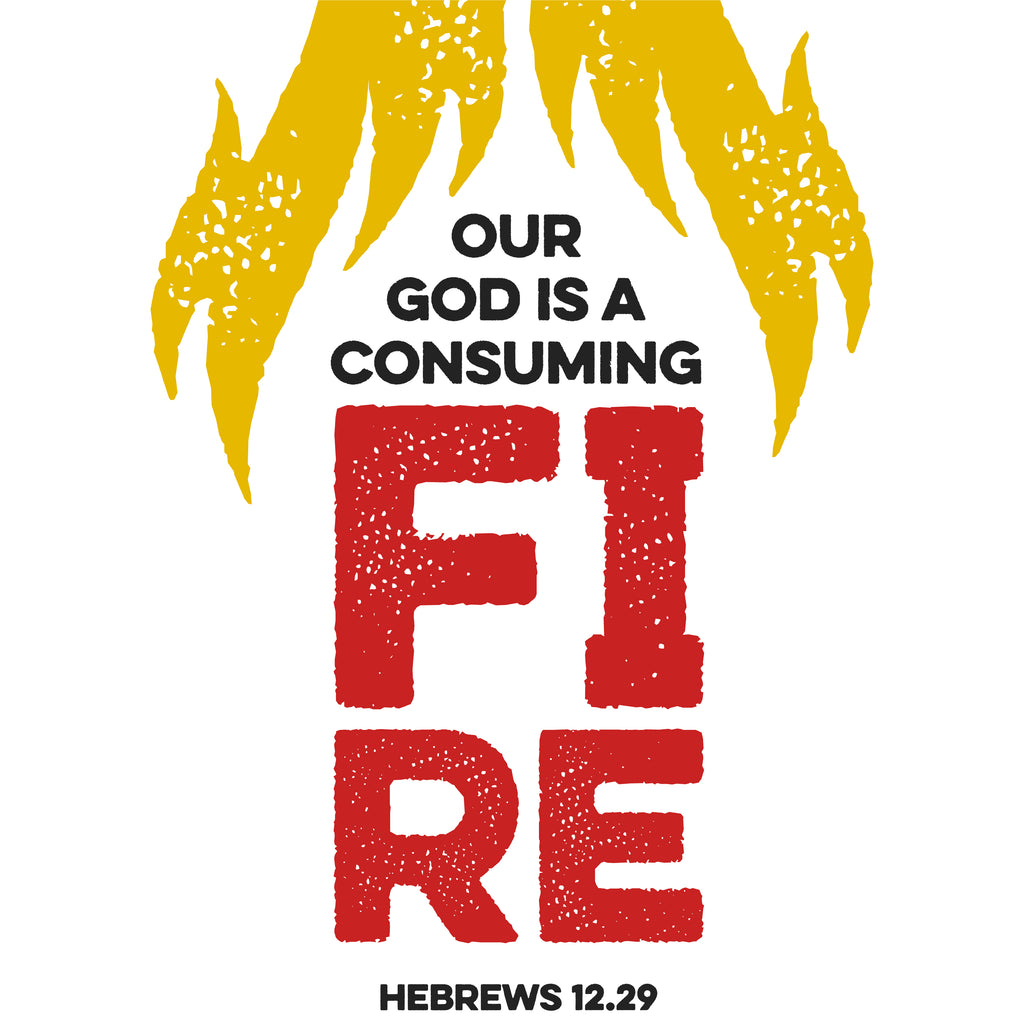Close-up of distressed texture, flame and typographic details of Hebrews 12.29 t-shirt print.
