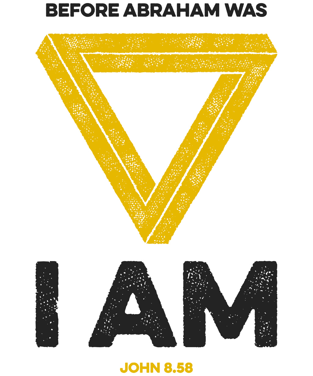 Distressed t-shirt print of John 8.58 featuring a gold Penrose triangle and black typography.