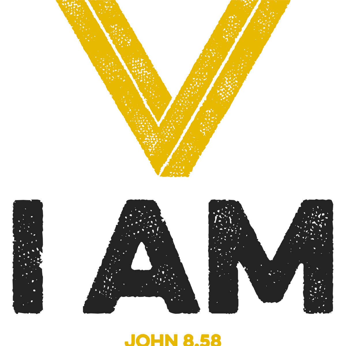 Close-up of distressed texture and typographic details of John 8.58 t-shirt print.