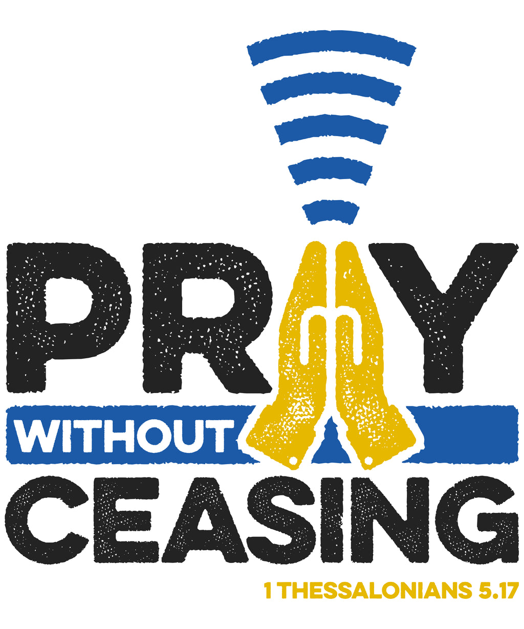 1 Thessalonians 5:17 distressed t-shirt print, praying hands with rising signal, black, gold and blue.
