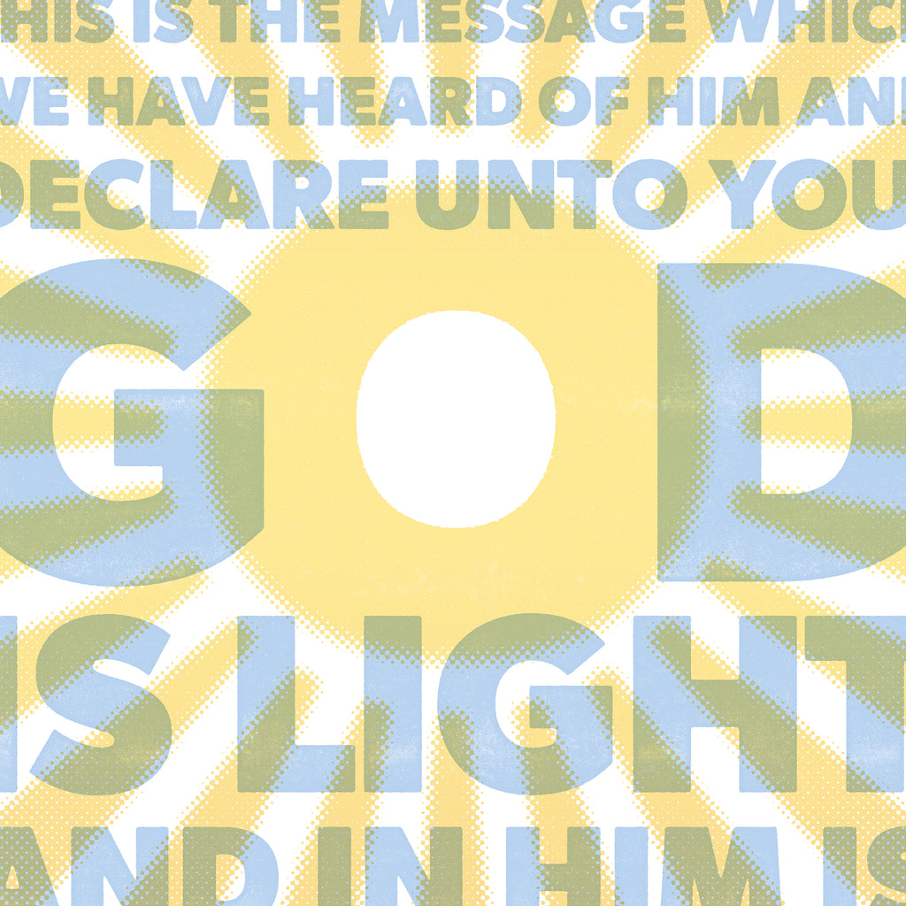 Close-up of the distressed texture and the yellow 'O' with emanating light rays on the 1 John 1:5 print.