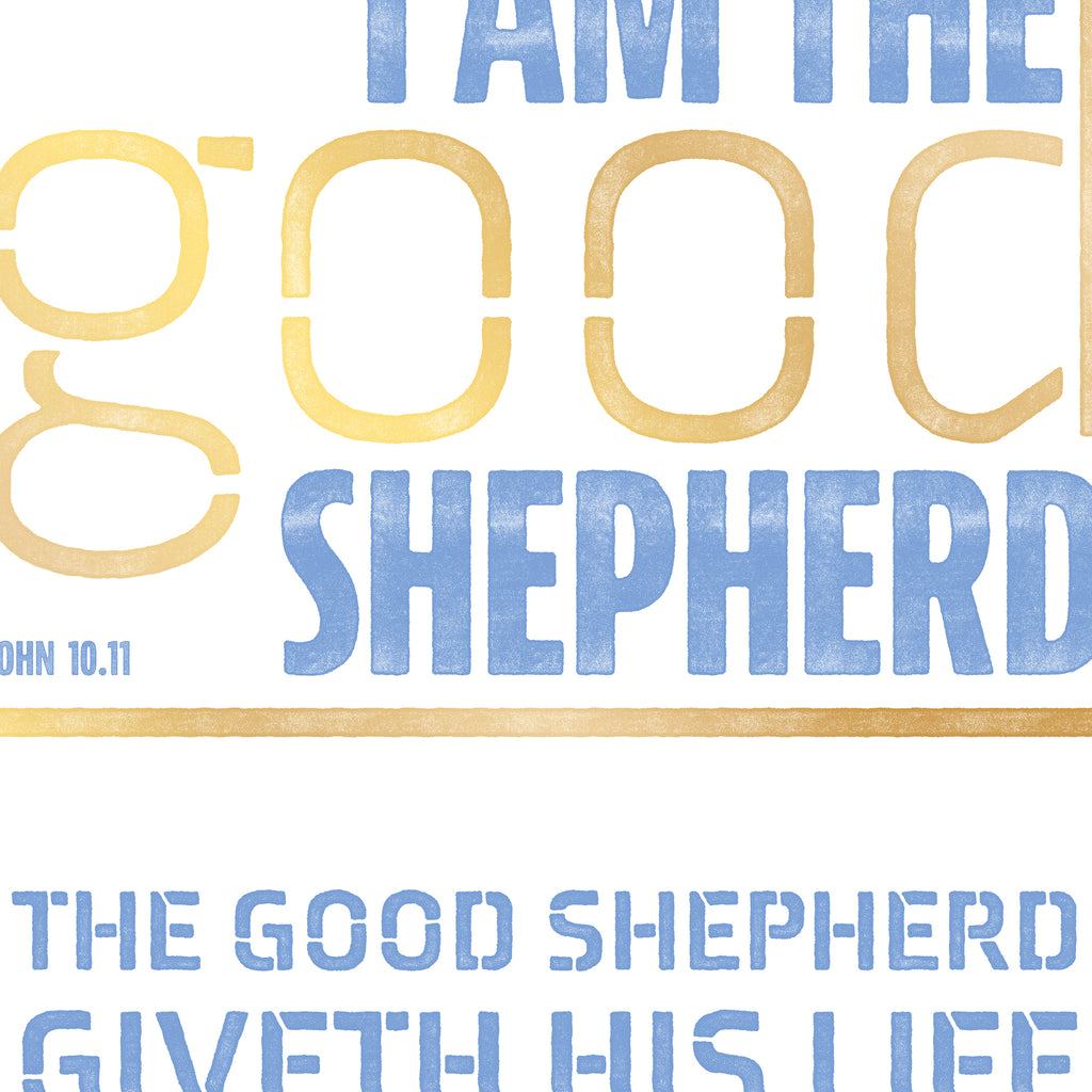 Close-up of the distressed texture, typography and color on the John 10:11 print.