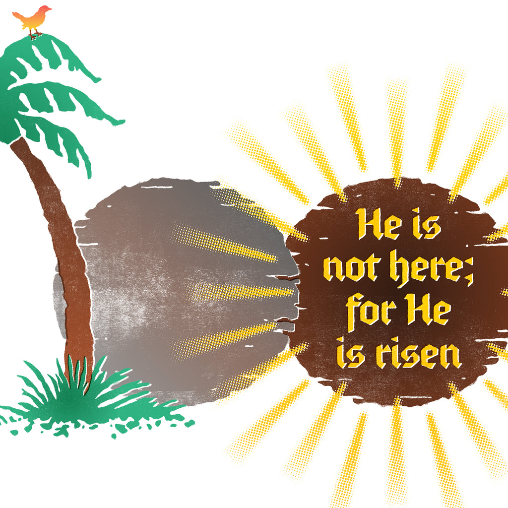 Close-up of the distressed texture, yellow text, and radiant light bursts emerging from the empty tomb illustration on the Matthew 28:6 print.