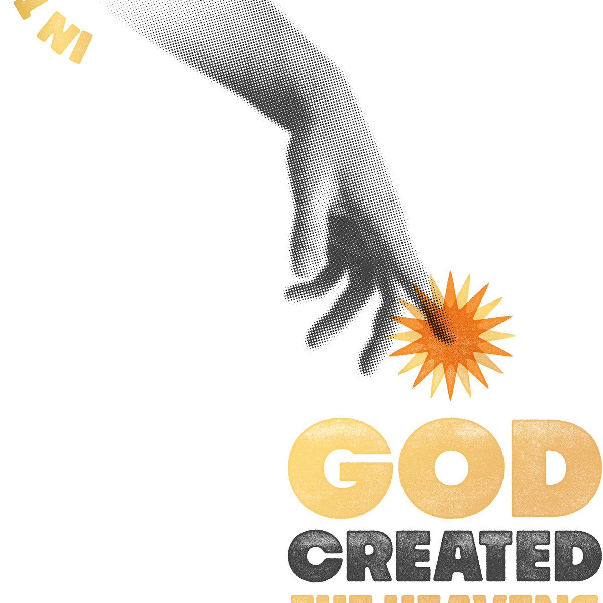 Close-up of the distressed texture and the hand of God emerging from text with a starburst at the fingertip on the Genesis 1:1 print.
