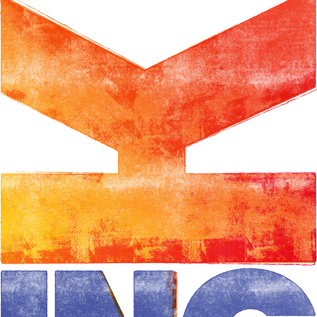 Close-up of the distressed texture, misregistered color splashes, and orange-red 'K' typography on the Revelation 19:16 print.