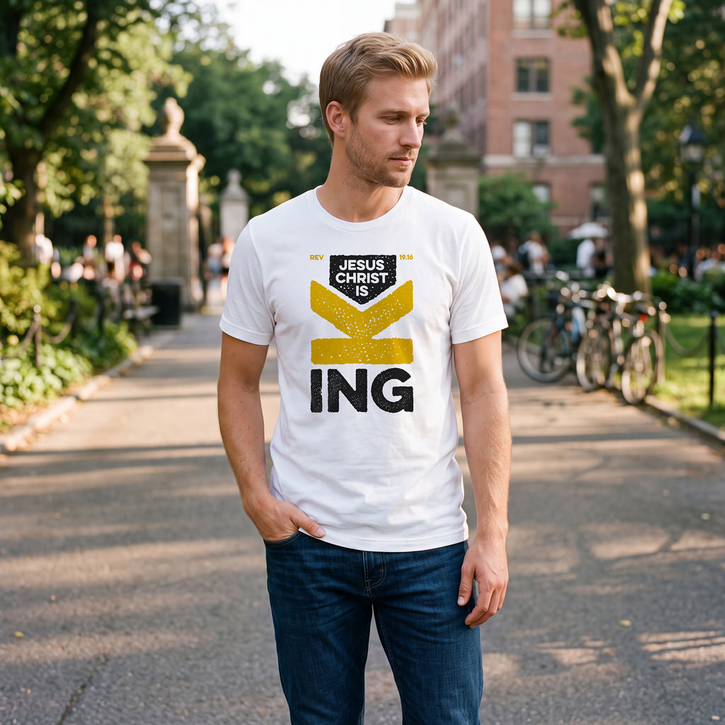 Man standing in an urban park wearing a white t-shirt with Revelation 19.16 graphic printed on the front.