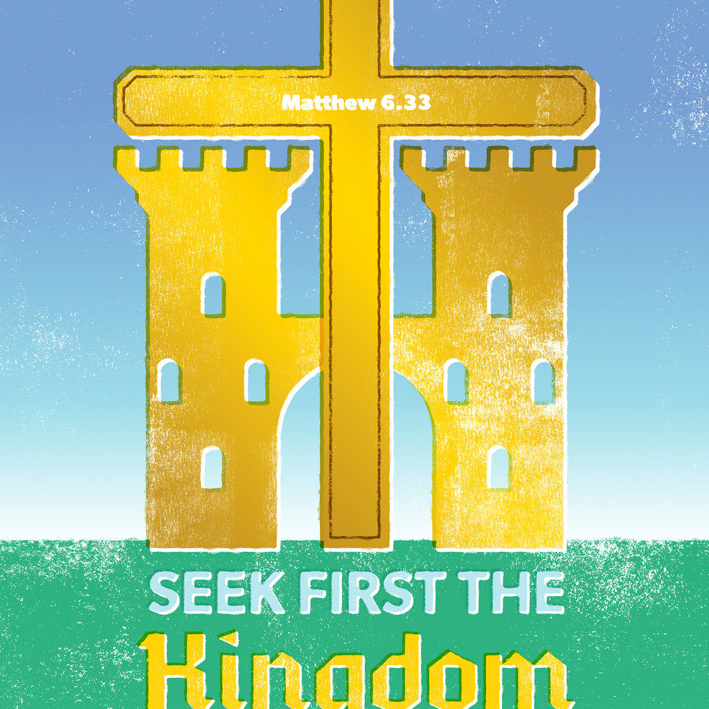 Close-up of the distressed texture and golden castle and cross illustration on the Matthew 6:33 print.