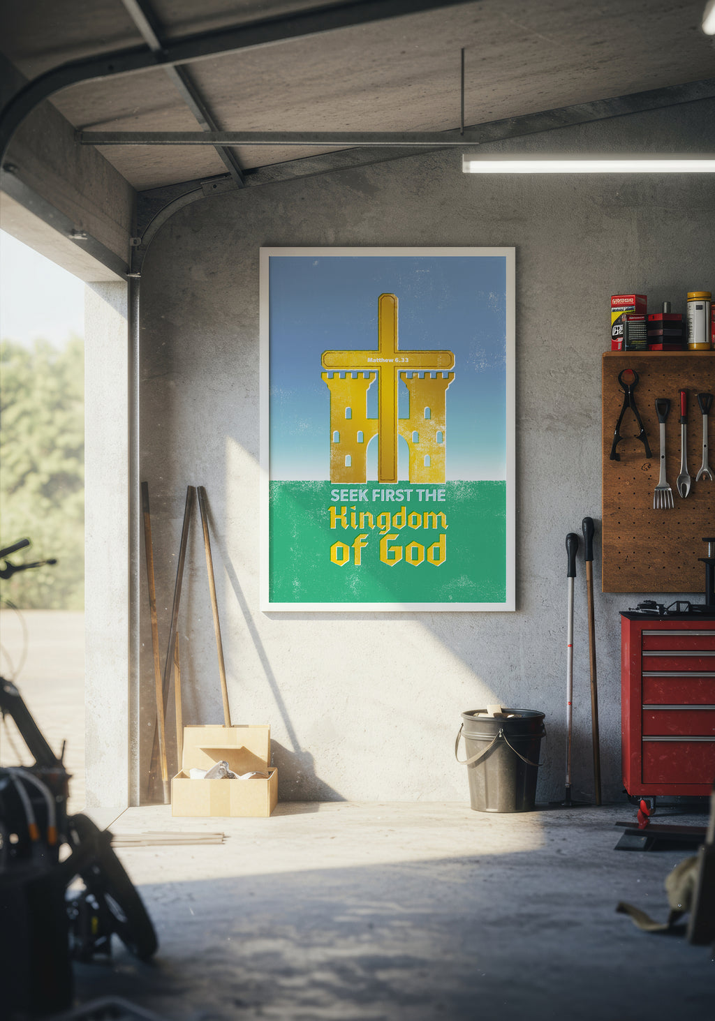 Matthew 6:33 art print in a white frame, displayed on a wall inside a modern, warmly lit garage.