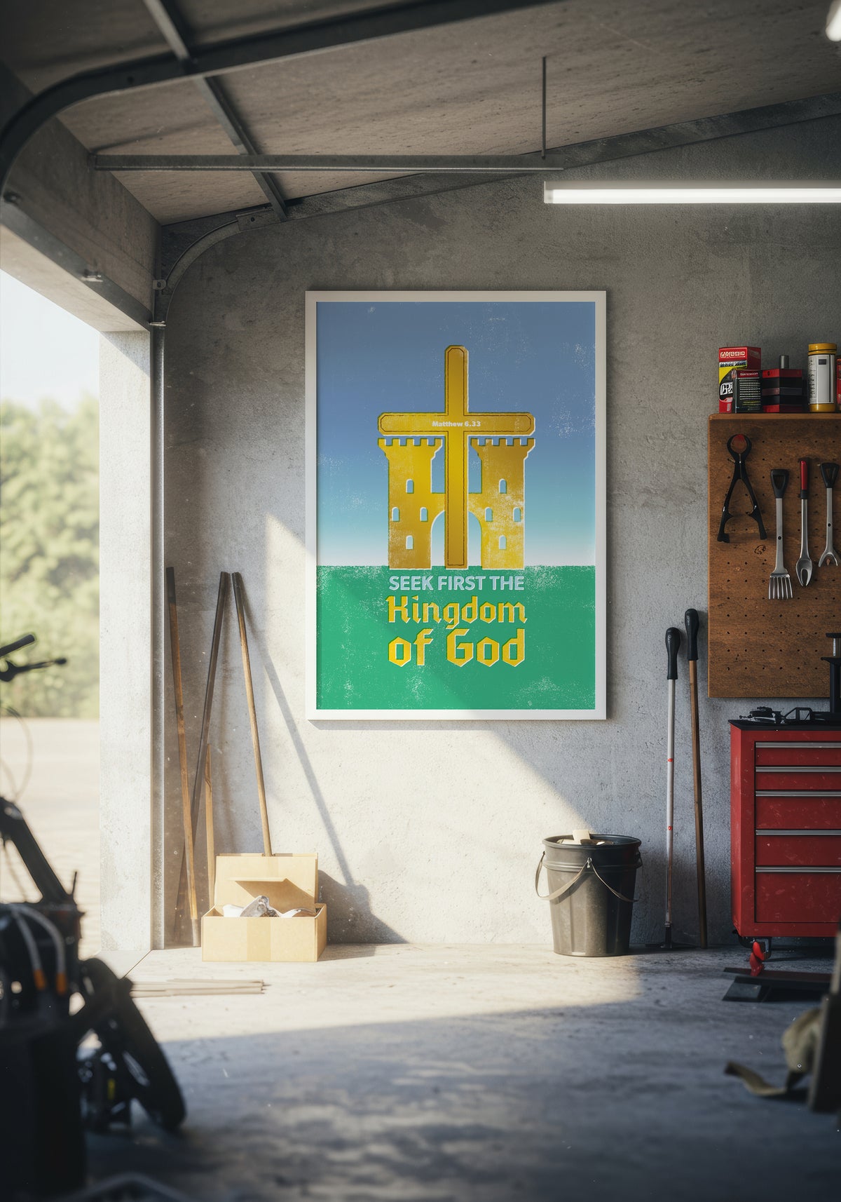 Matthew 6:33 art print in a white frame, displayed on a wall inside a modern, warmly lit garage.