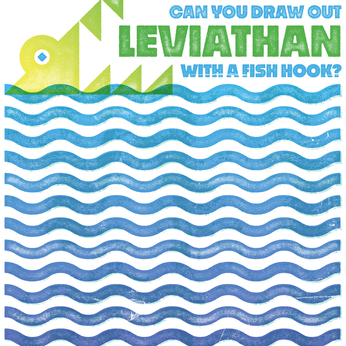 Close-up of Job 41 art print featuring a distressed green and blue leviathan with sharp teeth and scripture header.