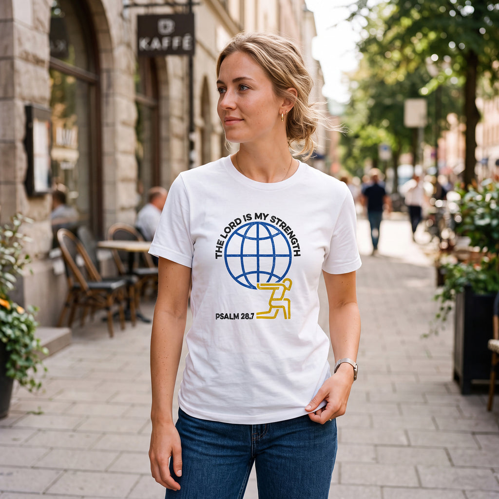 Woman on city sidewalk wearing white t-shirt with Psalm 28:7 graphic print.
