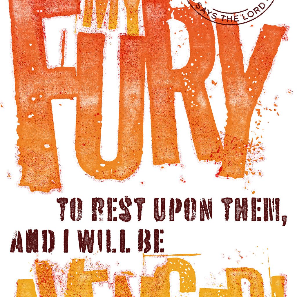Close-up of the distressed texture and rough, violent typography detail on the Ezekiel 5:13 print.