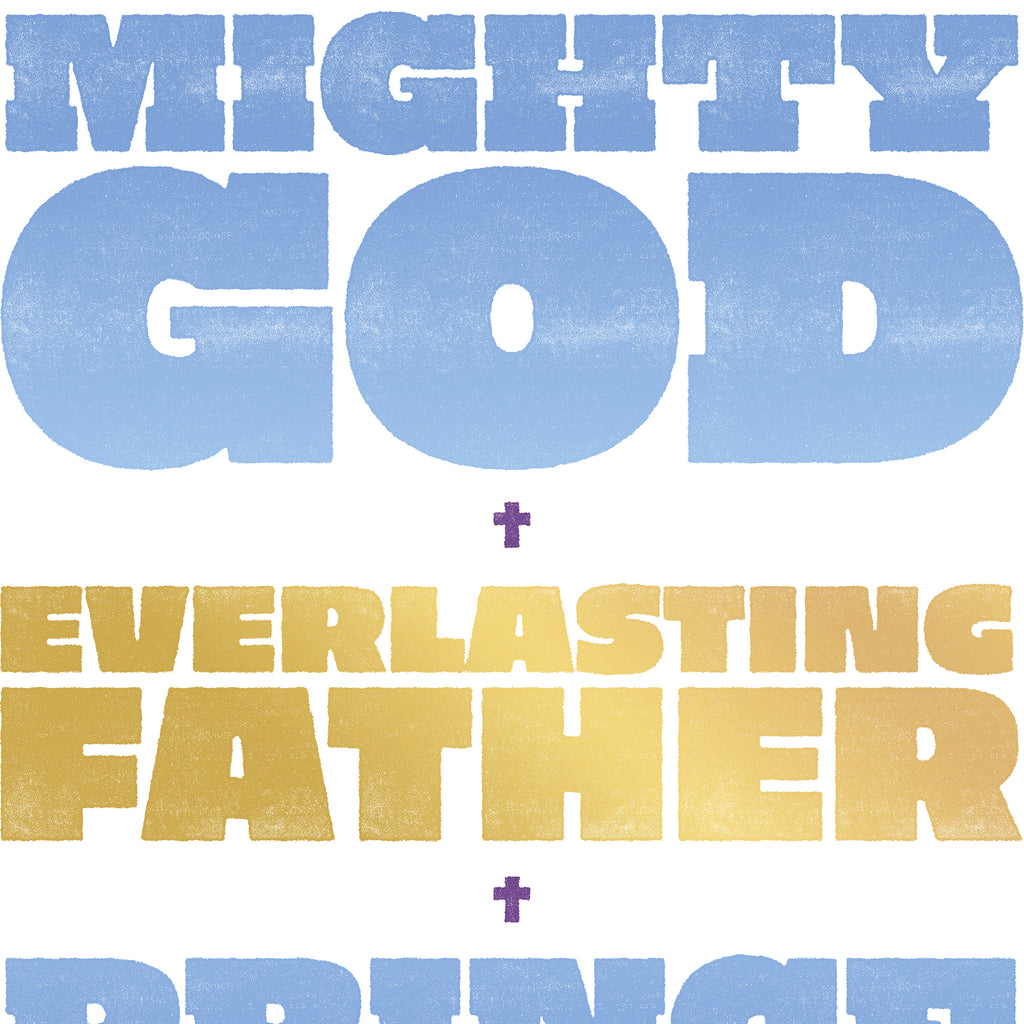 Close-up of the distressed texture and purple crucifix detail on the Isaiah 9:6 print.