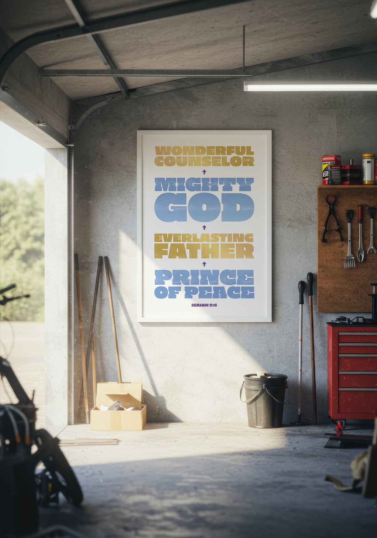 Isaiah 9:6 art print in a white frame, displayed on a wall inside a modern, warmly lit garage.