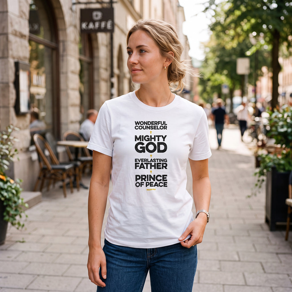 Woman on city sidewalk wearing white t-shirt with Isaiah 9.6 graphic print.