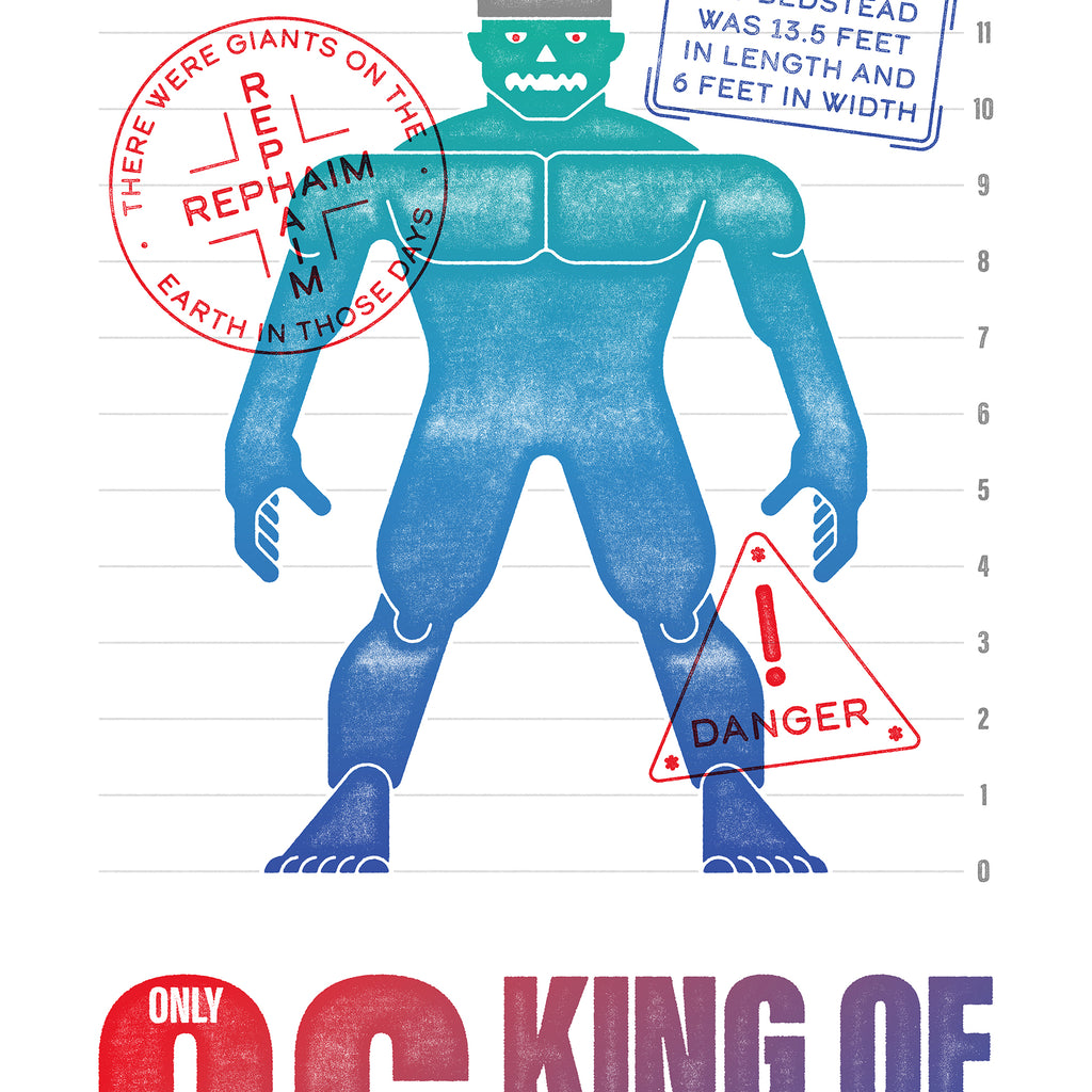 Close-up of the distressed texture and stylized King Og figure, typography and stamp details on the Deuteronomy 3:11 print.