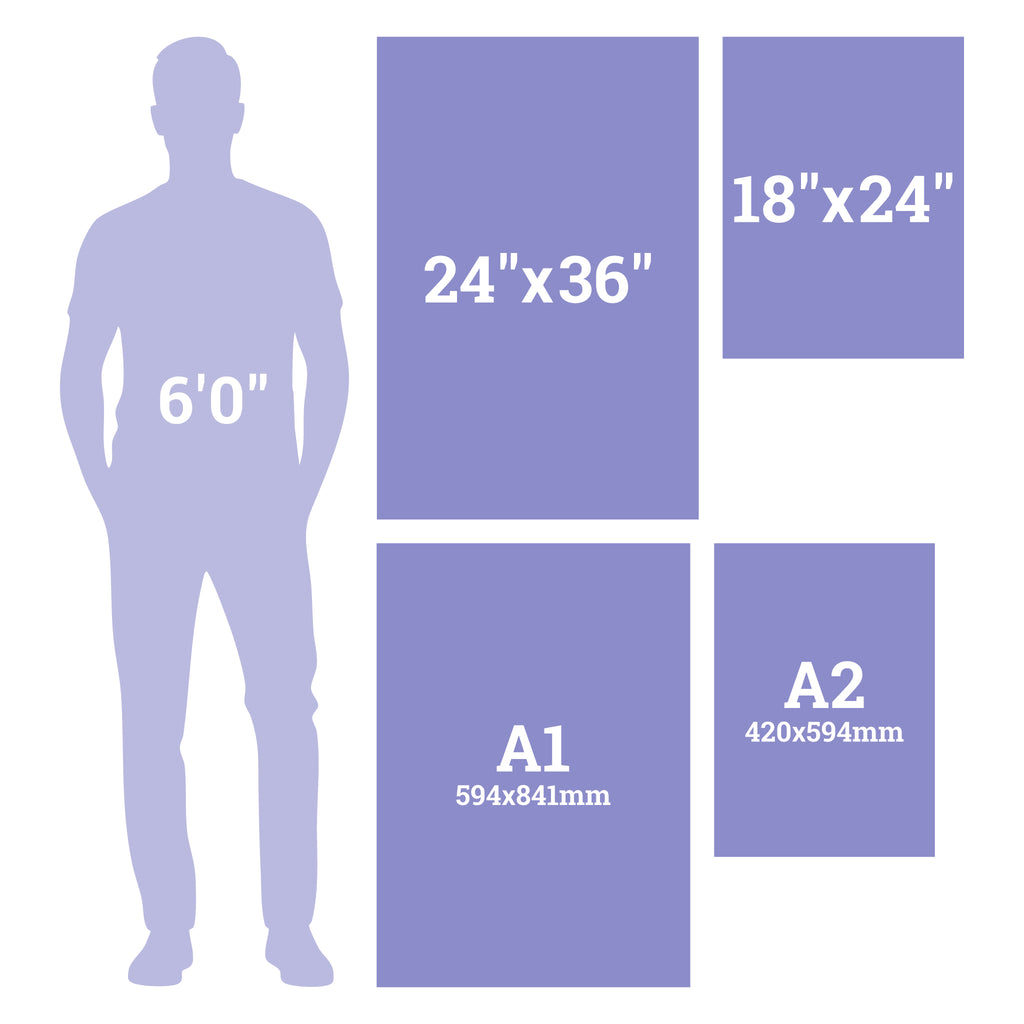 Diagram illustrating the relative size of different poster dimensions against a person's silhouette for visual reference.